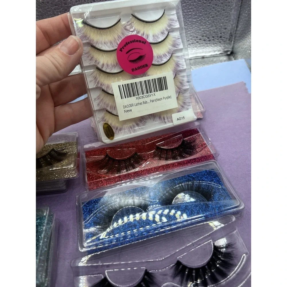 15 Pair Long Cross False Eyelashes Makeup Fake Thick Black Eye Lashes & Neon Pur
